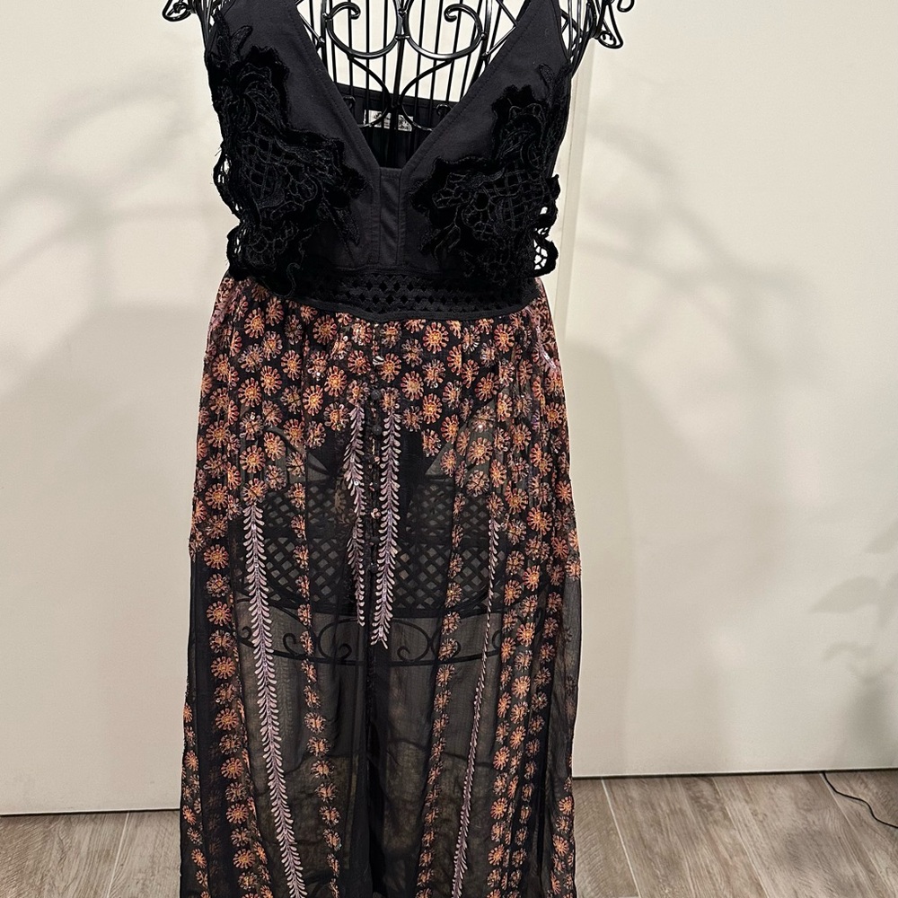 Free People Black and Orange Floral Backless Dress
